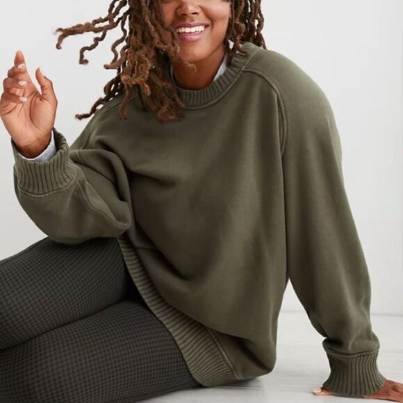 AERIE Down To Earth Ribbed Panel Sweatshirt Olive Green FLAWS - Picture 1 of 10